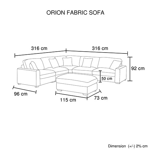 Orion Corner Sofa | Premium Fabric Upholstery | Padded Seat | Wooden Frame | Rubber Wooden Legs | Ottoman