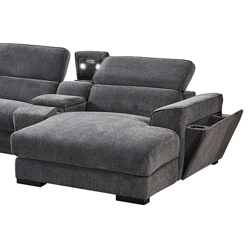 Grey Colour Corner Sofa Chaise | Premium Fabric Electric Recliner | Manual Headrest | Cup-Holder | Charging Point Lighting
