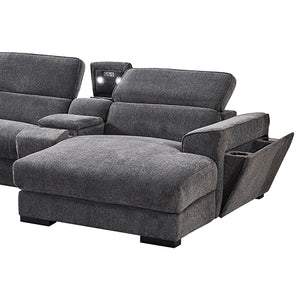 Grey Colour Corner Sofa Chaise | Premium Fabric Electric Recliner | Manual Headrest | Cup-Holder | Charging Point Lighting