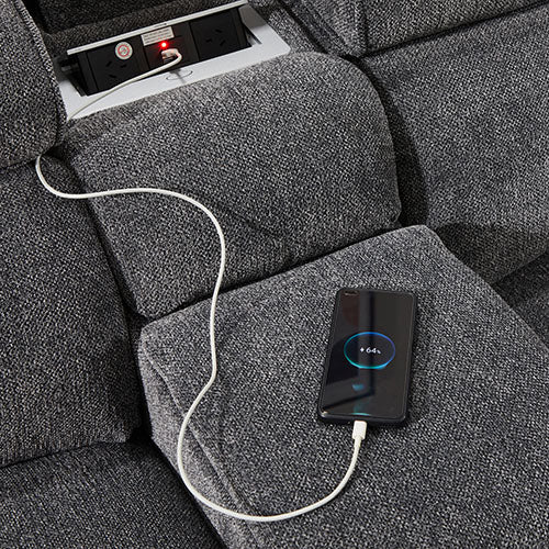 Grey Colour Corner Sofa Chaise | Premium Fabric Electric Recliner | Manual Headrest | Cup-Holder | Charging Point Lighting