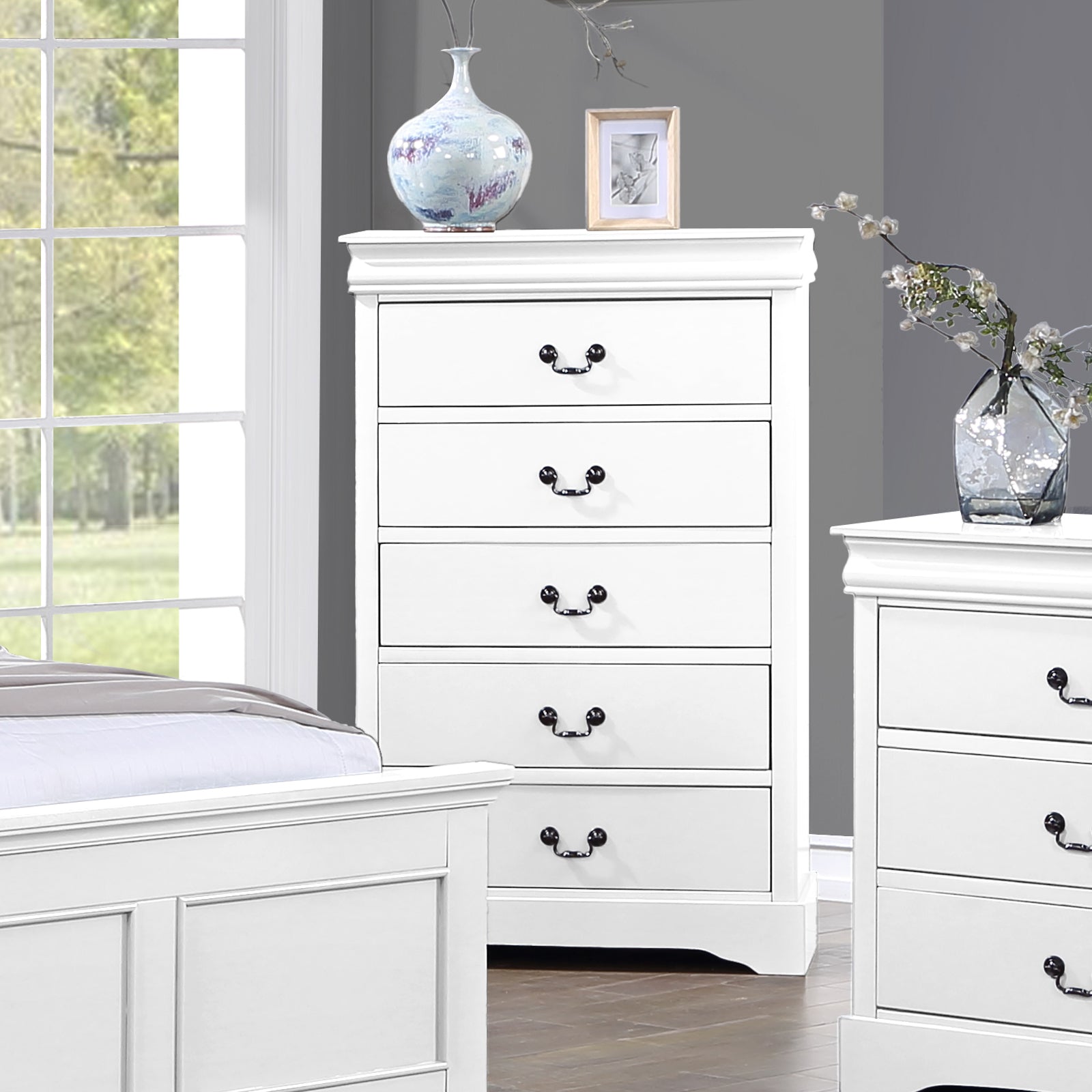 Tallboy with 5 Storage Drawers in Solid Wood | Metal Handles | White Colour