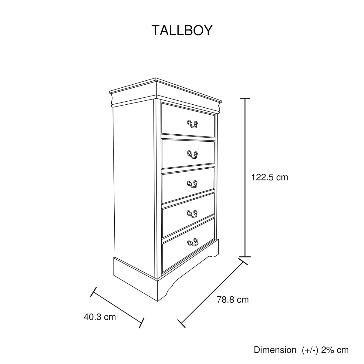 Tallboy with 5 Storage Drawers in Solid Wood | Metal Handles | White Colour