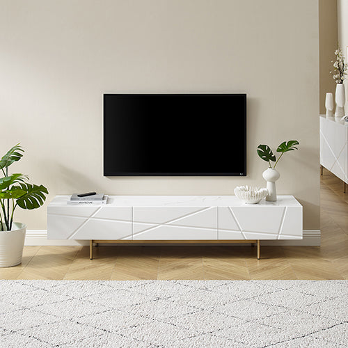 TV Cabinet | MDF Glossy Finish | Storage Drawers | Metal Base | Modern Entertainment Unit