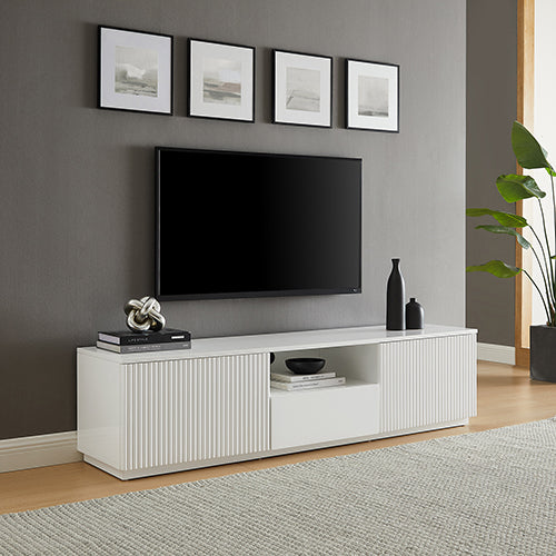 TV Cabinet | Storage Drawers | MDF Glossy Finish | Entertainment Unit | White Color | Contemporary Design