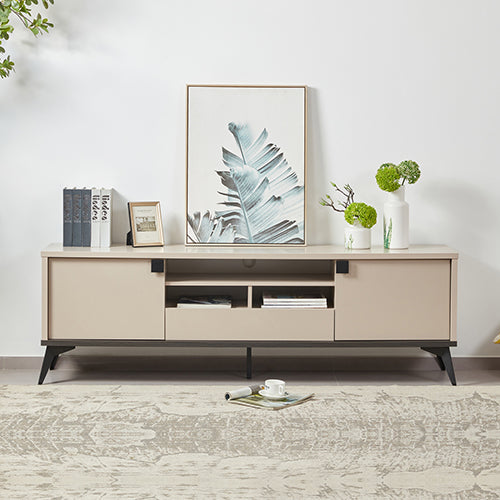 TV Cabinet | MDF Build | Storage Drawer & Open Shelves | Champagne Finish | Elegant Media Console
