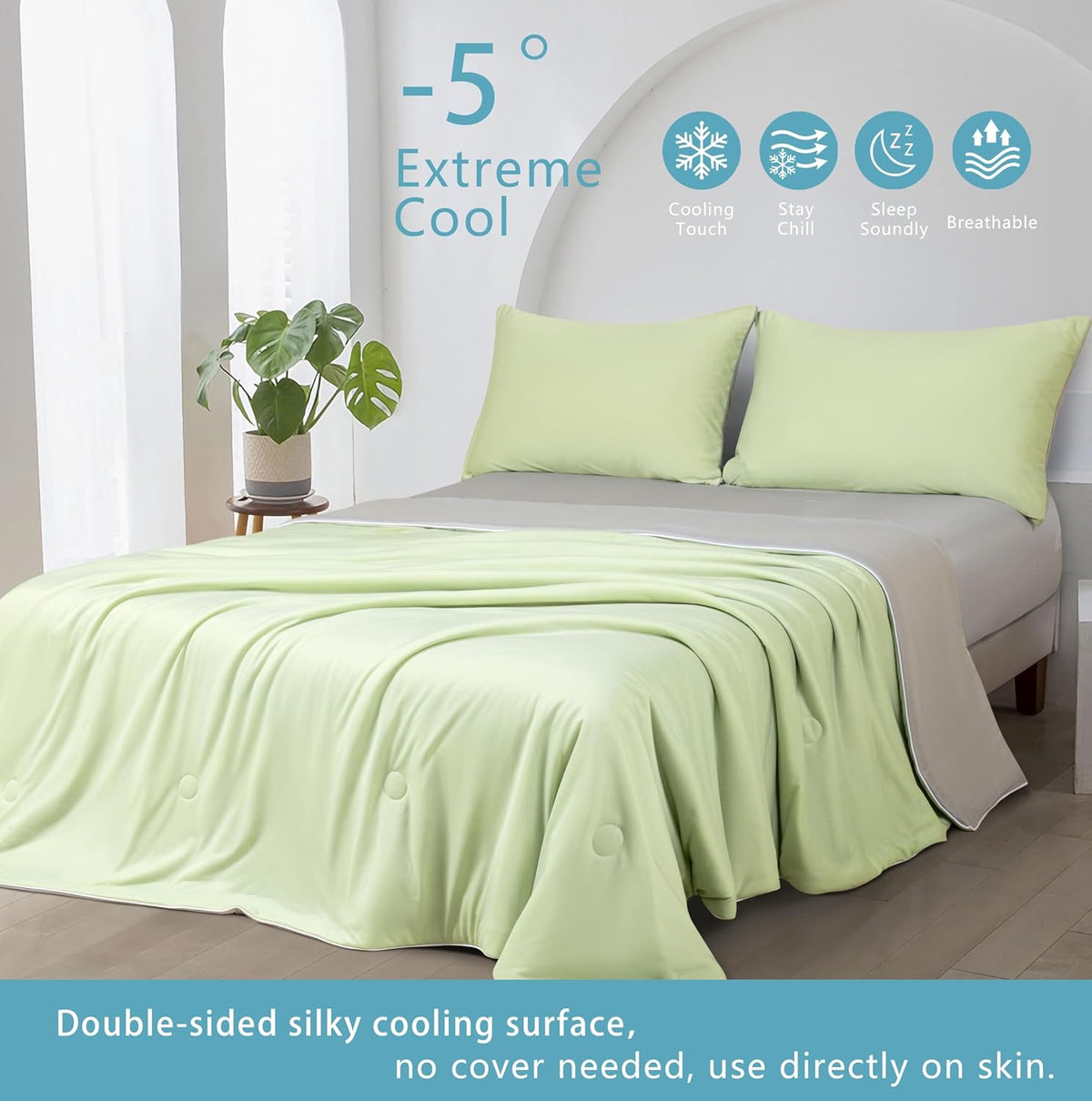 Ice Cooling Reversible Summer Comforter Blanket | Green & Grey | Queen/King