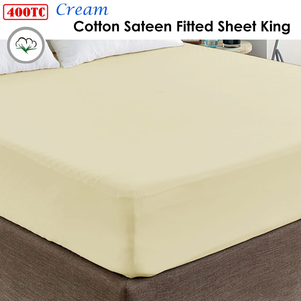 400TC Cream 100% Cotton Sateen Fitted Sheet | King