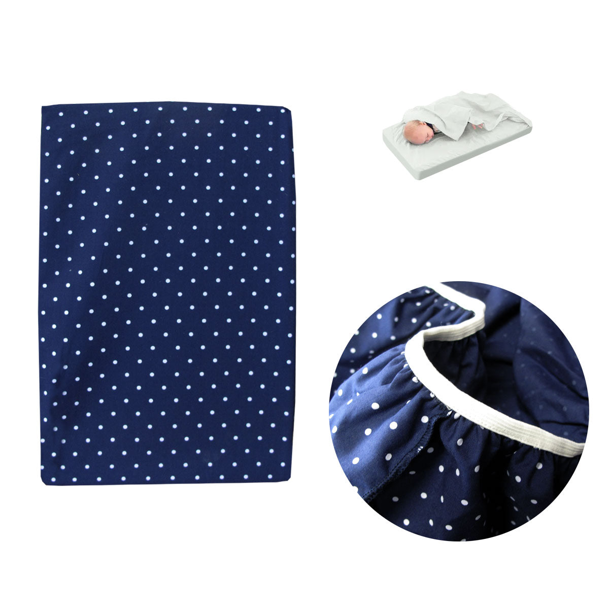 Polka Dot Navy Polyester Cotton Bassinet Fitted Sheet with Flat Sheet Sewn Attached