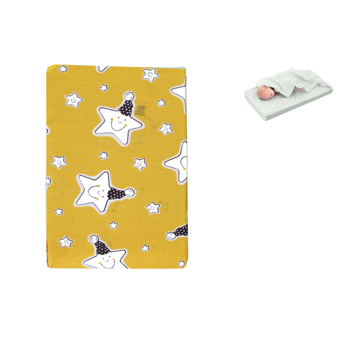 Yellow Star Bassinet Fitted Sheet with Flat Sheet Sewn Attached