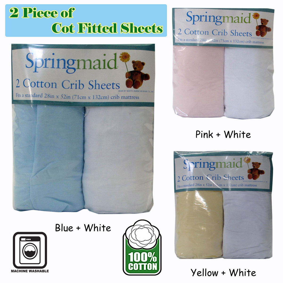 2 Piece Baby Cot Cotton Fitted Sheet | Yellow & White