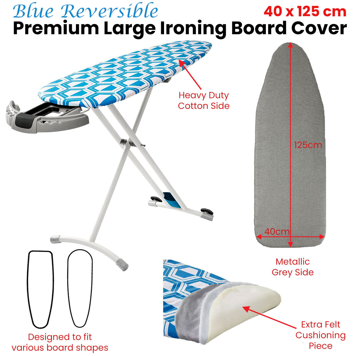 Blue Reversible Premium Large Ironing Board Cover | Underlay Included | 40 x 125 cm