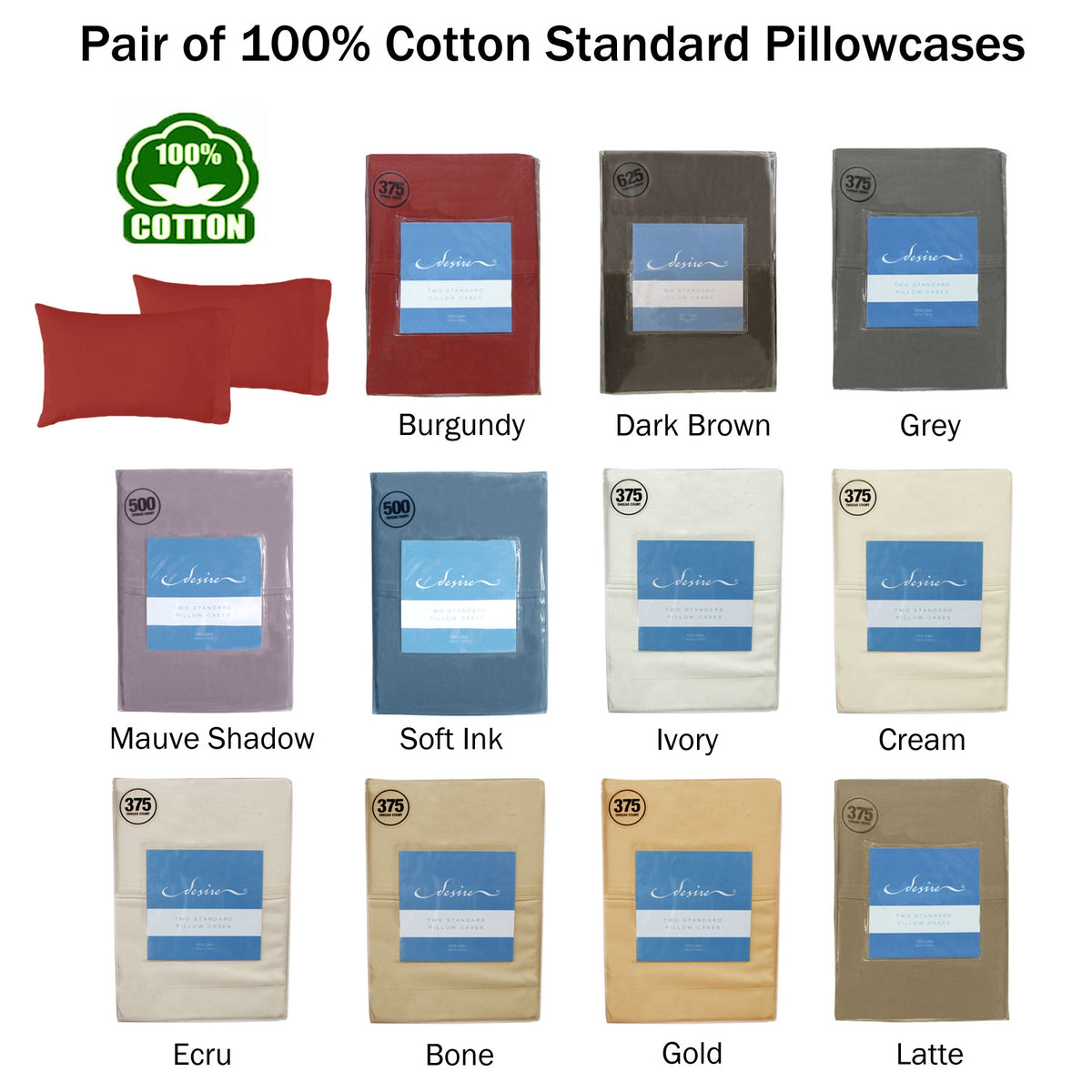 Pair of Cotton Standard Pillowcases | 375TC | Burgundy