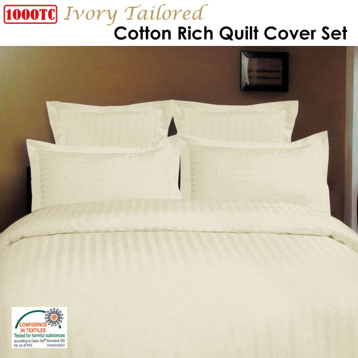 1000TC Self Striped Tailored Quilt Cover Set | Ivory | King