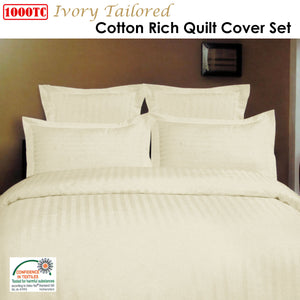 1000TC Self Striped Tailored Quilt Cover Set | Ivory | King