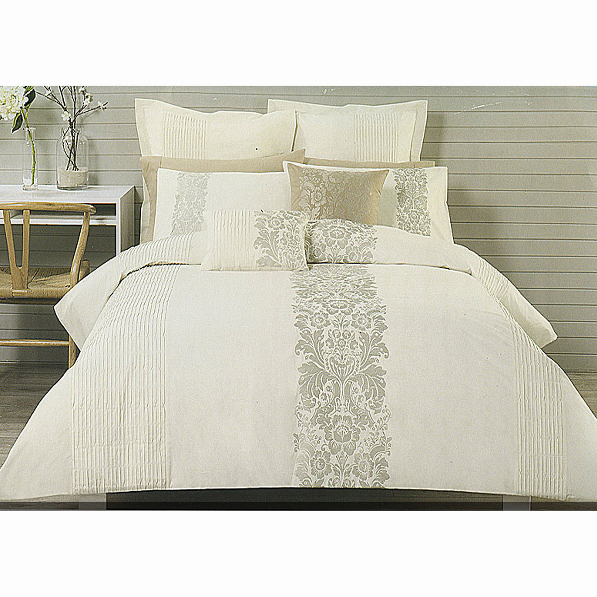Catherine Cream Taupe Embroidery Quilt Cover Set | Queen