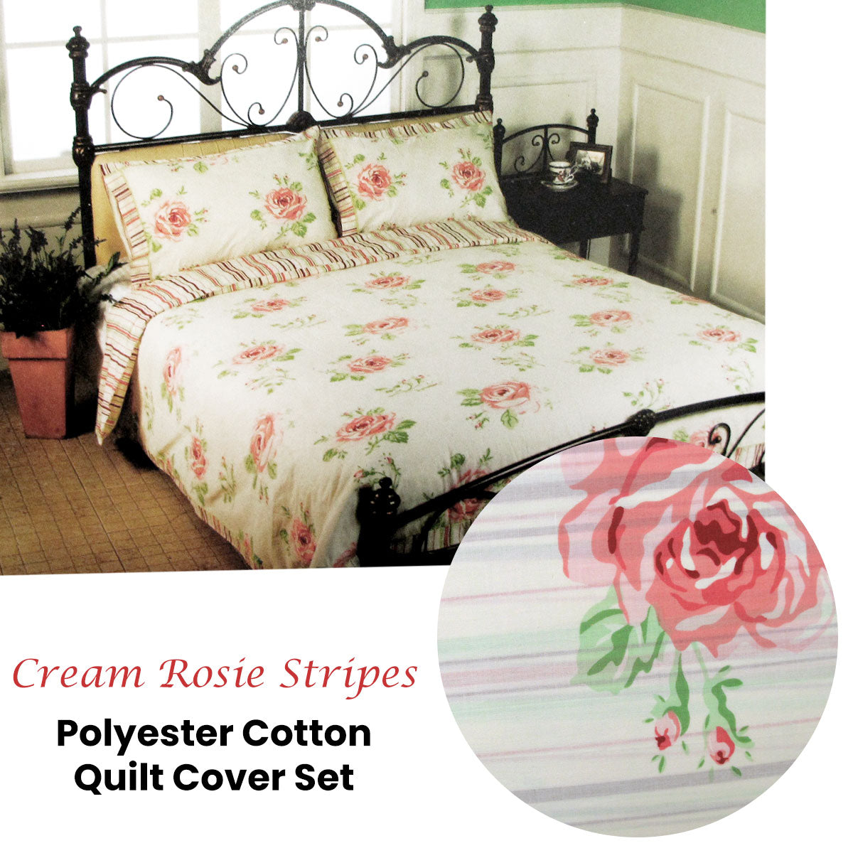 Cream Rosie Stripes Polyester Cotton Quilt Cover Set | Queen