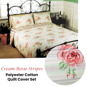 Cream Rosie Stripes Polyester Cotton Quilt Cover Set | Queen