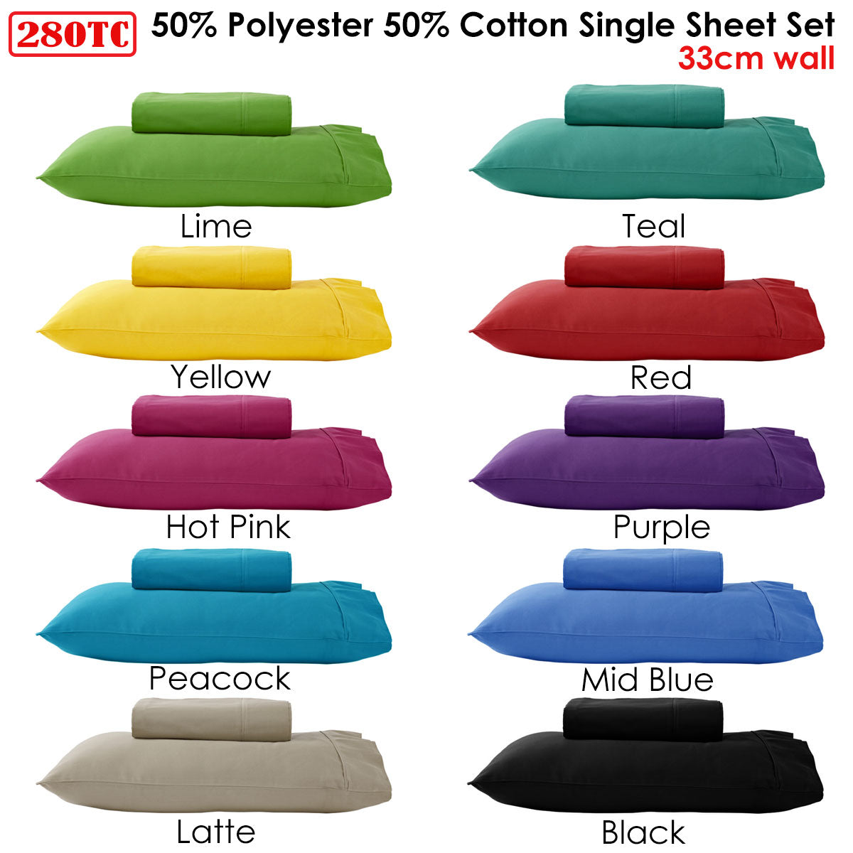 280TC 50% Polyester 50% Cotton Sheet Set | Single | Red