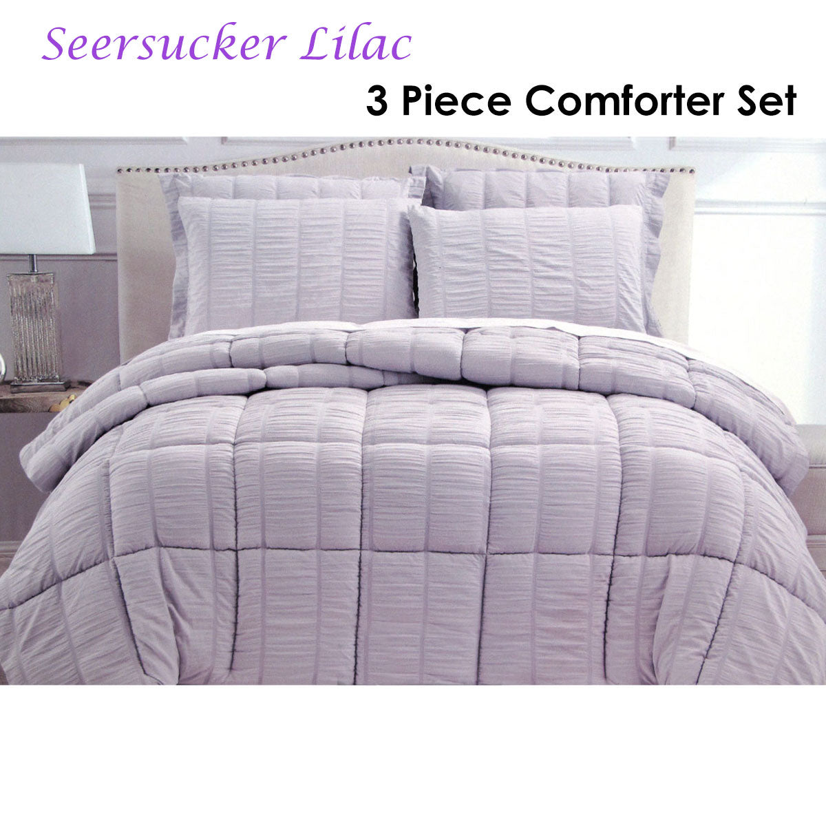 Hotel Living 3 Piece Seersucker Comforter Set | Queen | Lilac