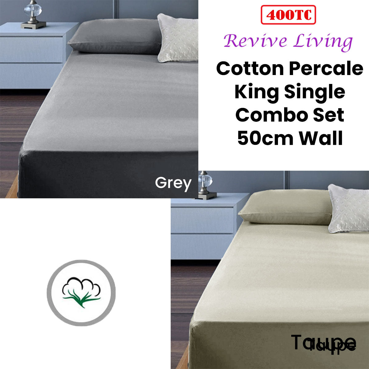 400TC Cotton Percale Combo Set | King Single | 50cm Wall | Grey