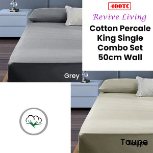400TC Cotton Percale Combo Set | King Single | 50cm Wall | Taupe