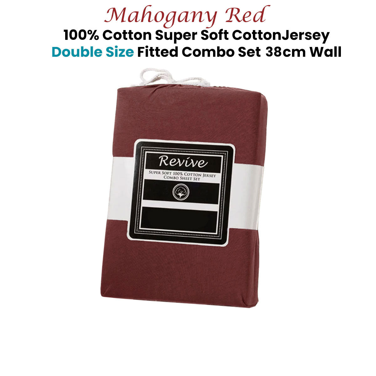 Revive Mahogany Red 100% Cotton Jersey Super Soft Fitted Sheet Combo Set | Double | 38cm Wall