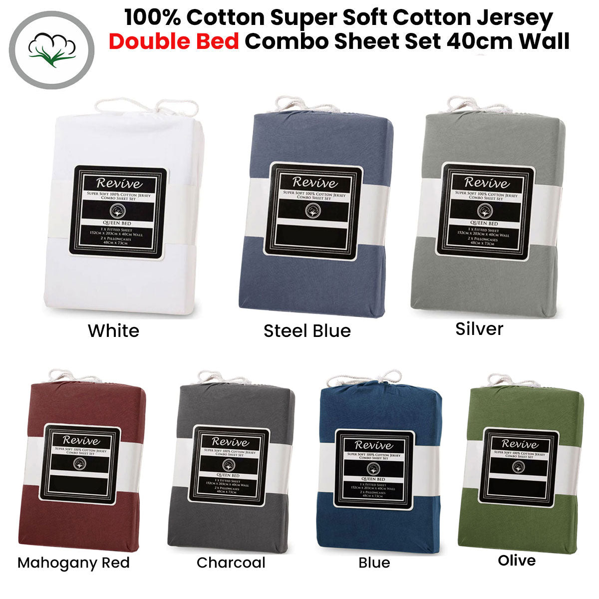 Revive | Olive 100% Cotton Jersey Super Soft Fitted Sheet Combo Set | Double | 38cm Wall
