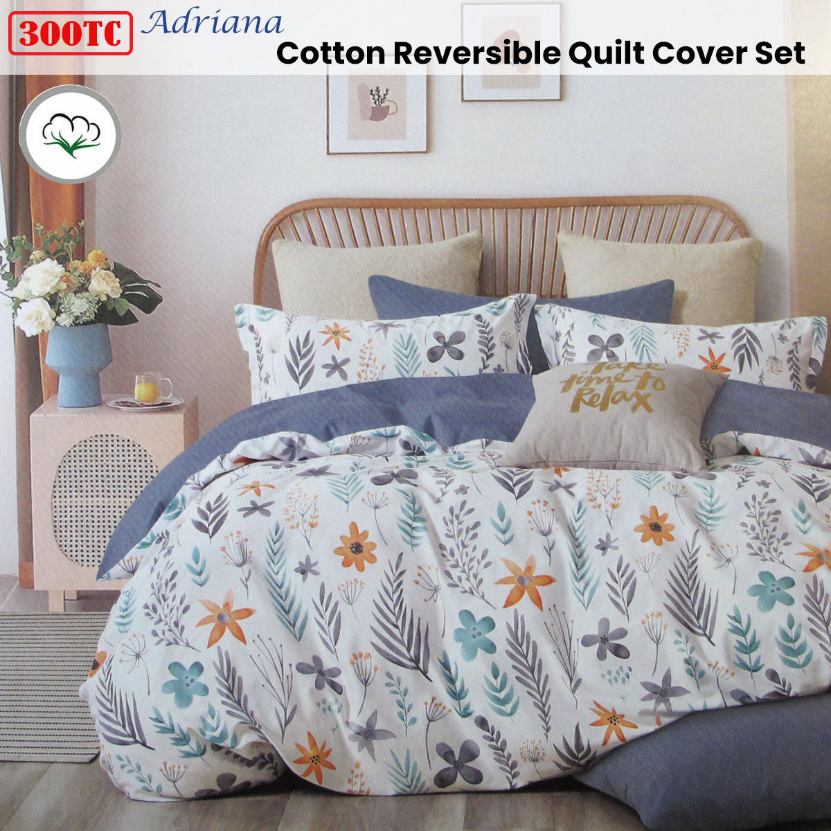 300TC Adriana Reversible Cotton Quilt Cover Set | Queen