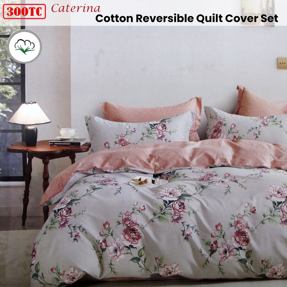 300TC Caterina Reversible Cotton Quilt Cover Set | King