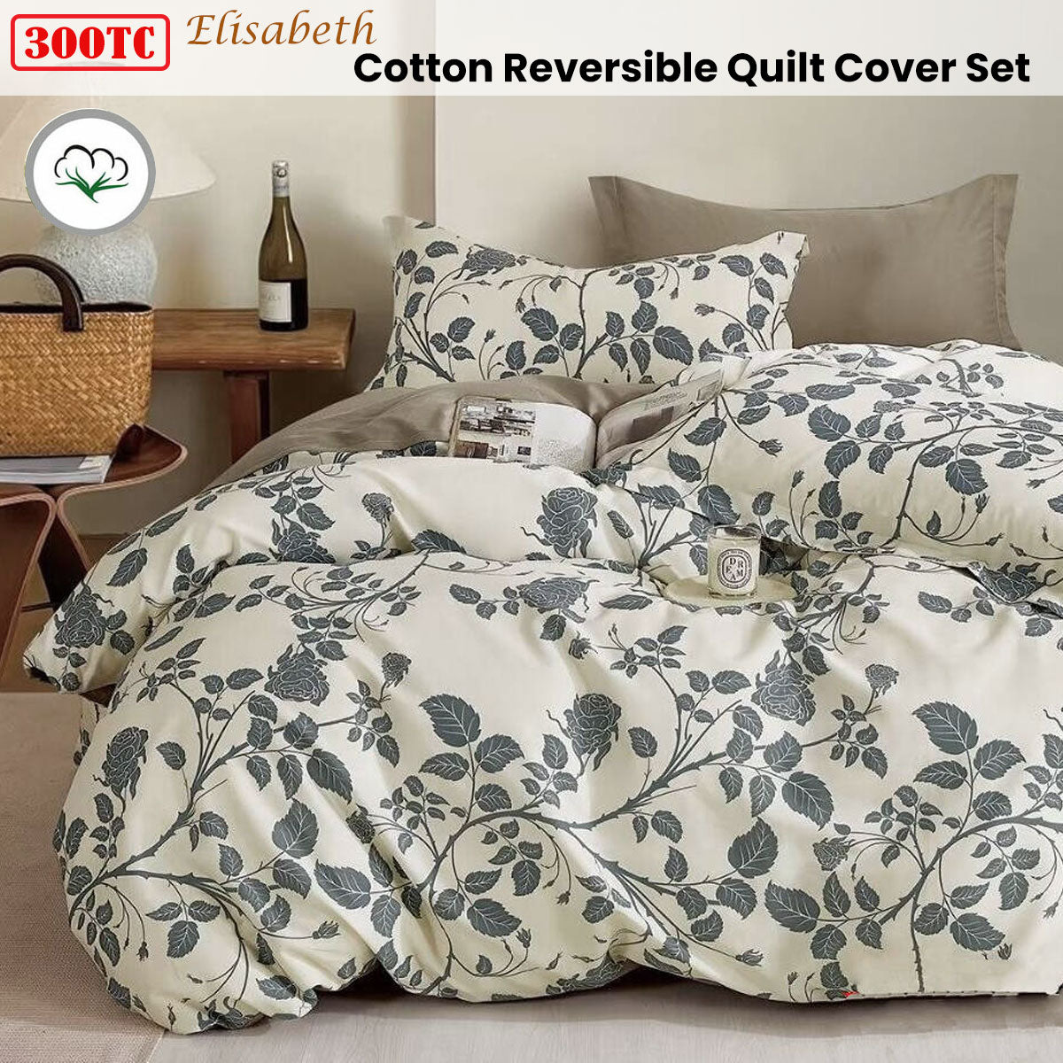 300TC Elisabeth Reversible Cotton Quilt Cover Set | King