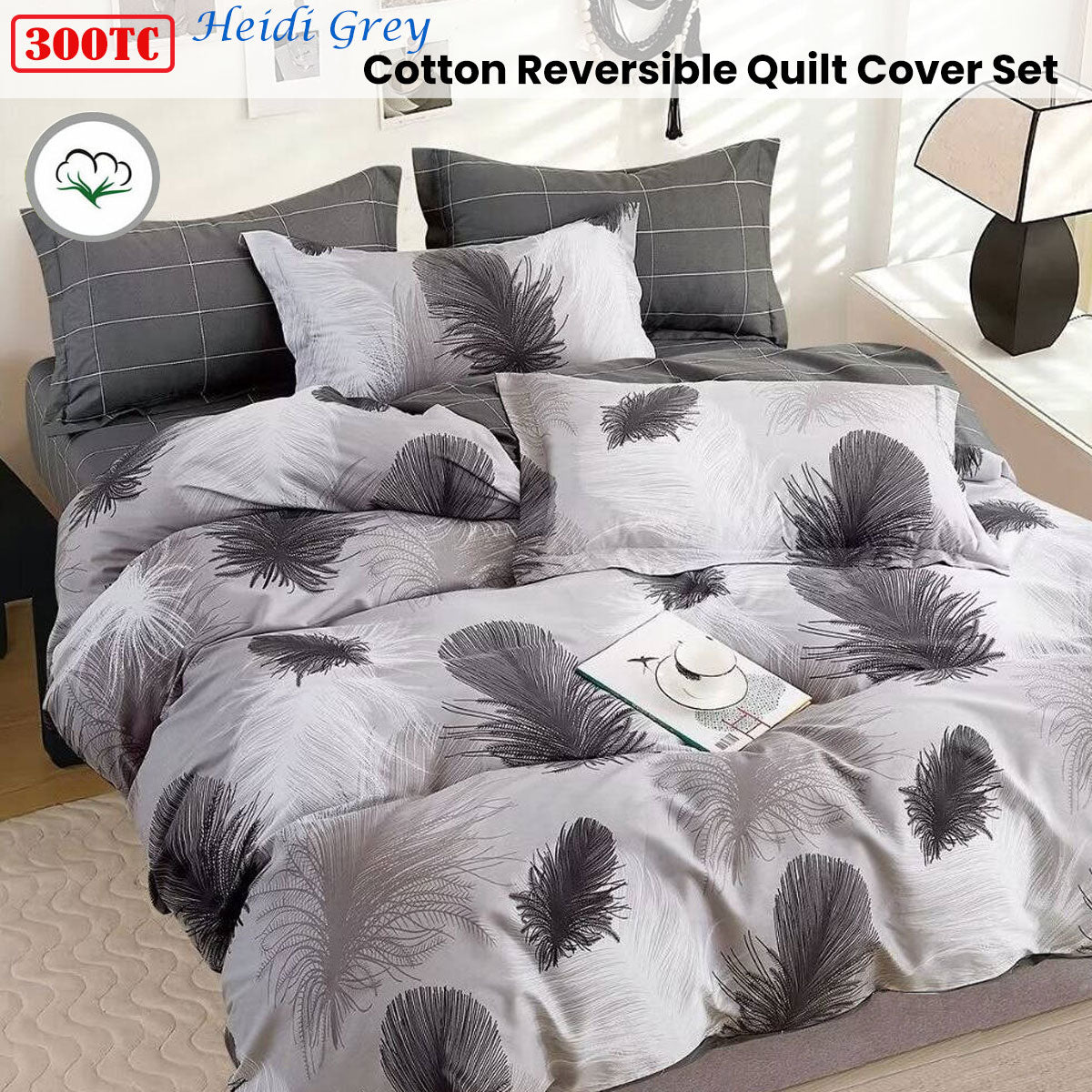 300TC Heidi Grey Reversible Cotton Quilt Cover Set | King