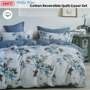 300TC Milla Blue Reversible Cotton Quilt Cover Set | King