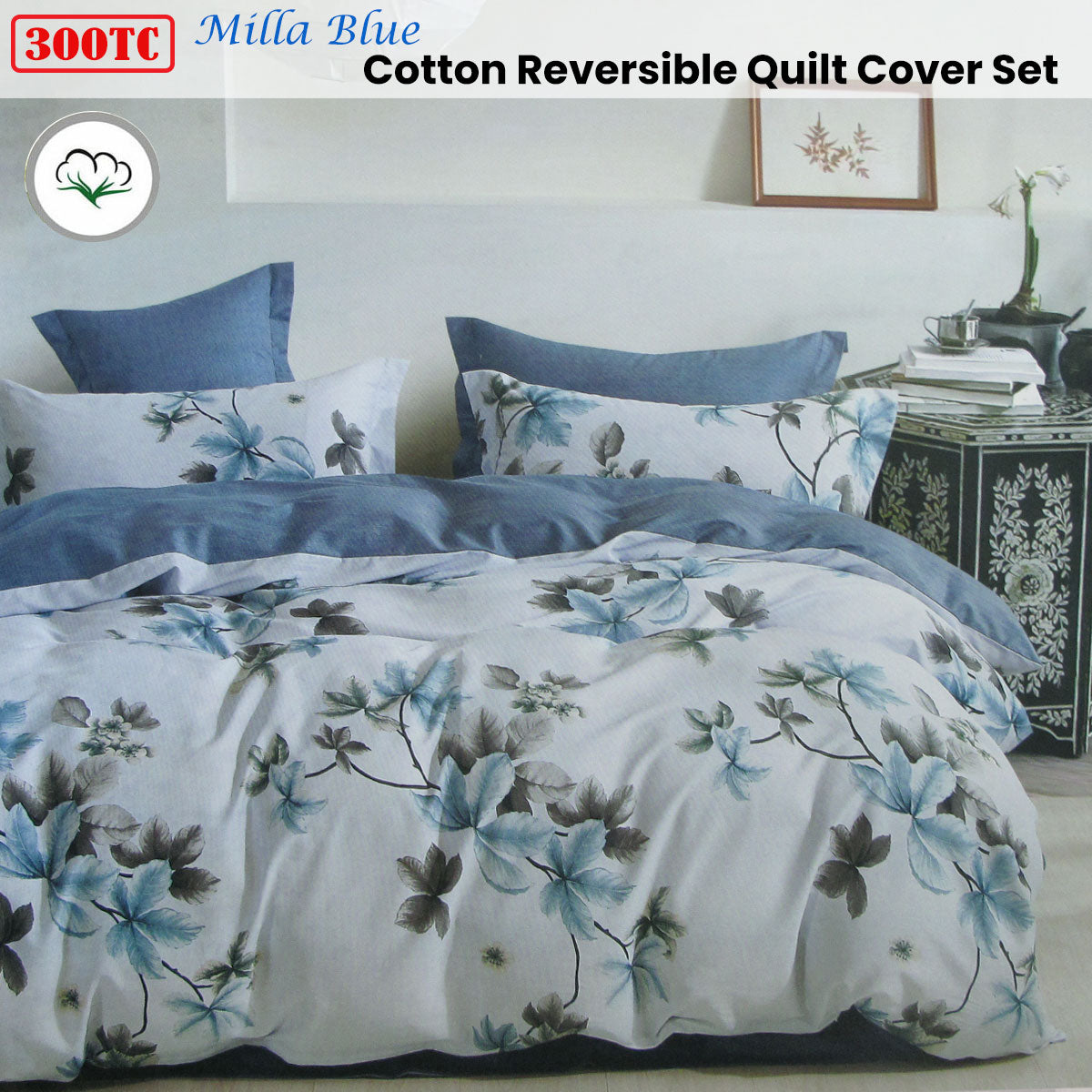 300TC Milla Blue Reversible Cotton Quilt Cover Set | Queen