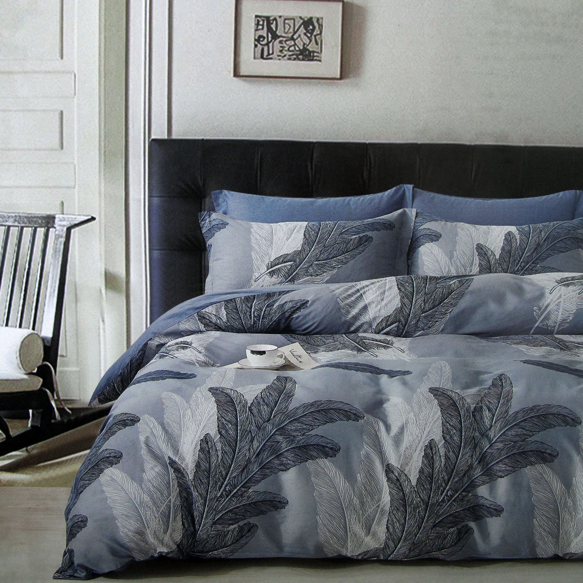 300TC Palm Leaf Blue Reversible Cotton Quilt Cover Set | Queen