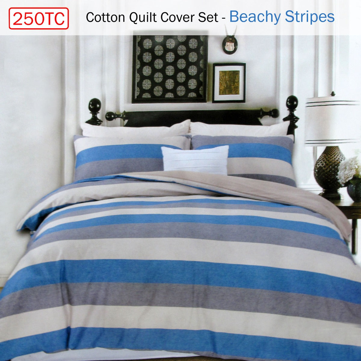 250TC Cotton Reversible Quilt Cover Set | Beachy Stripes | Queen