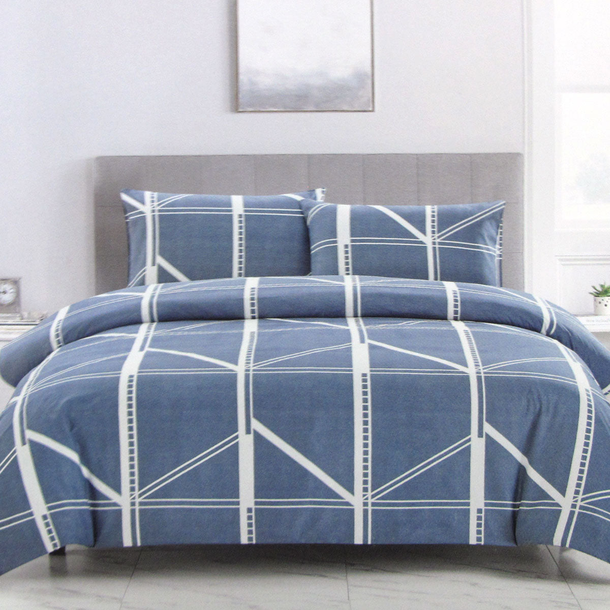 Artex Harold Blue Quilt Cover Set | Geometric Pattern | Reversible | Printed Microfiber Polyester | King