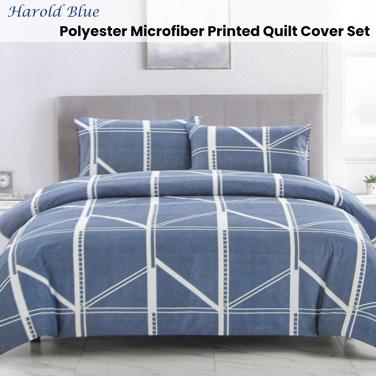 Artex Harold Blue Quilt Cover Set | Geometric Pattern | Reversible | Printed Microfiber Polyester | Queen
