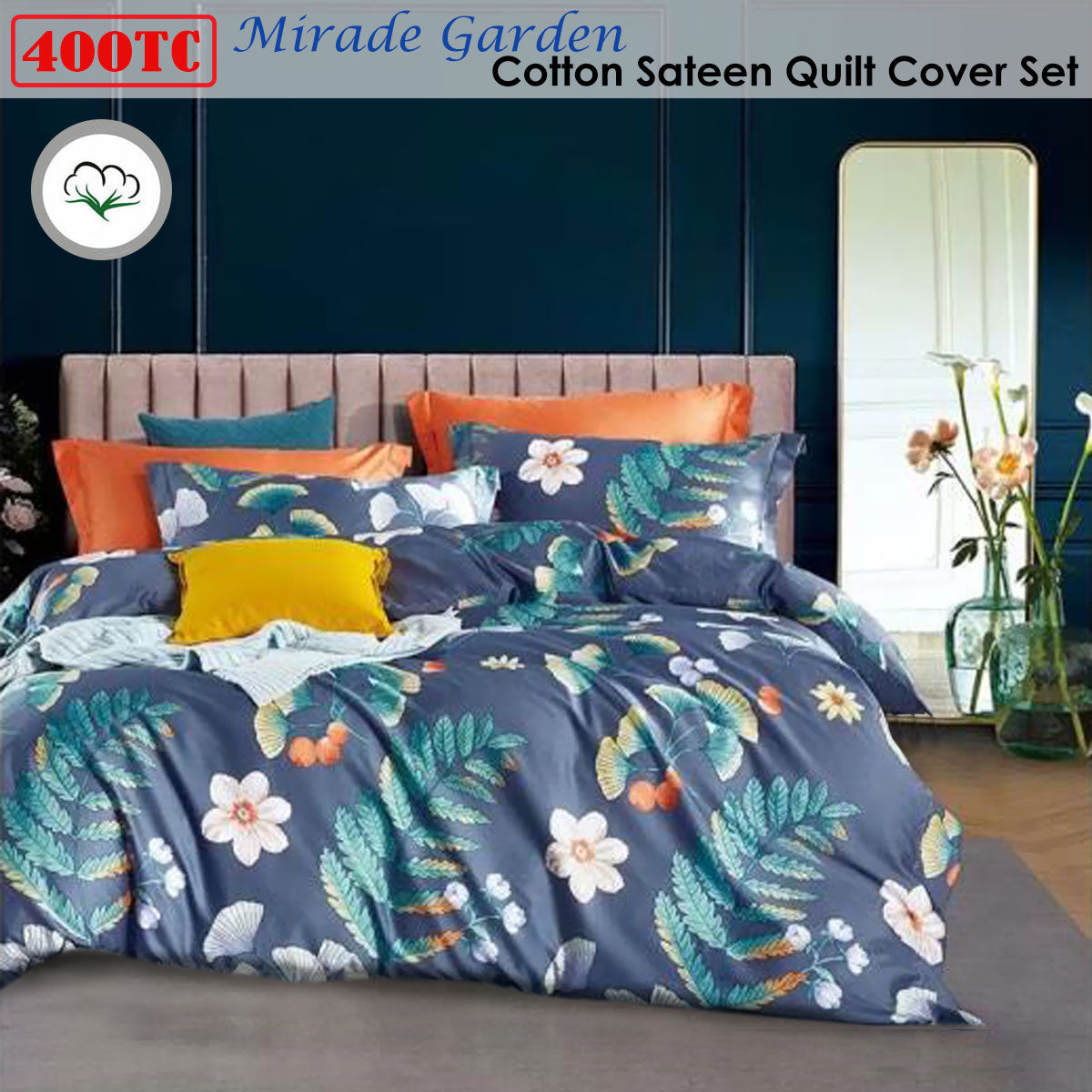 400TC Cotton Sateen | Quilt Cover Set | Mirade Garden | Queen