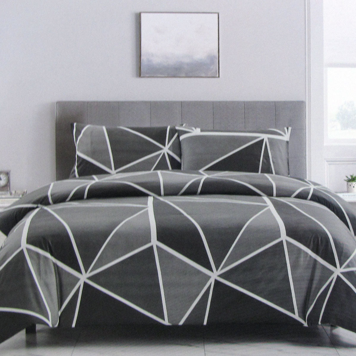 Artex Owen Charcoal Quilt Cover Set | Geometric Pattern | Reversible | Printed Microfiber Polyester | Queen