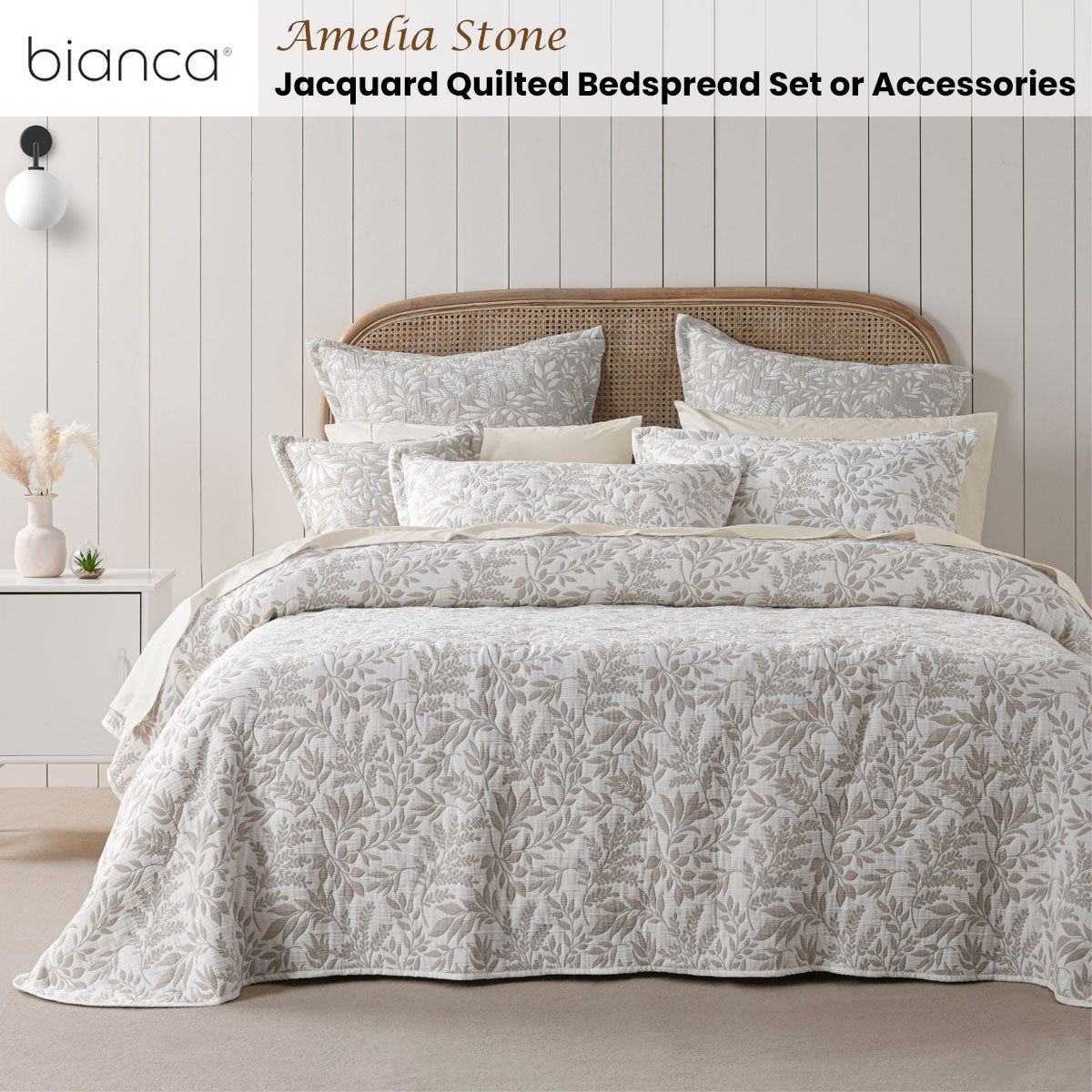 Bianca Amelia Quilted Bedspread Set | Stone Jacquard Foliage | King