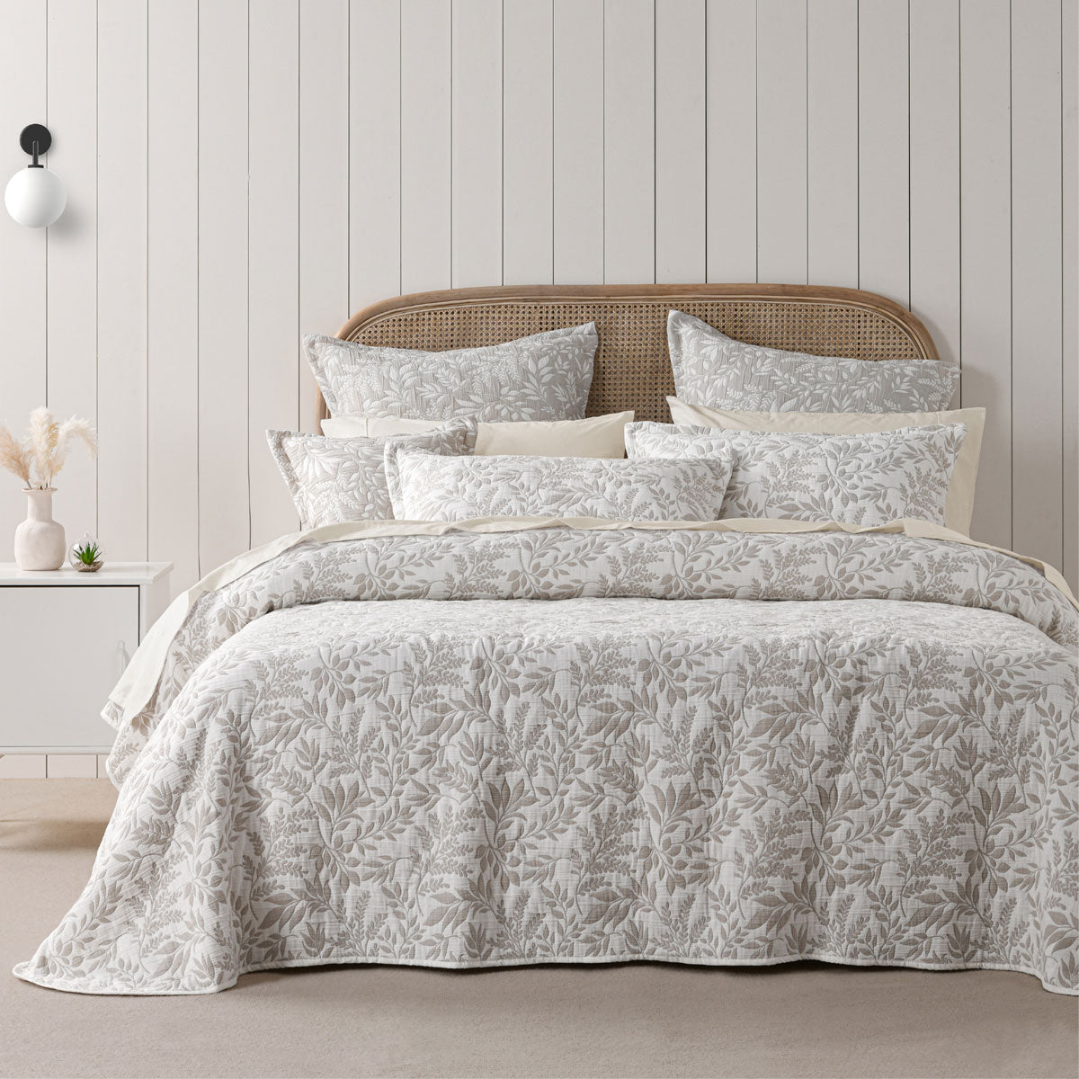 Bianca Amelia Quilted Bedspread Set | Stone Jacquard Foliage | Queen