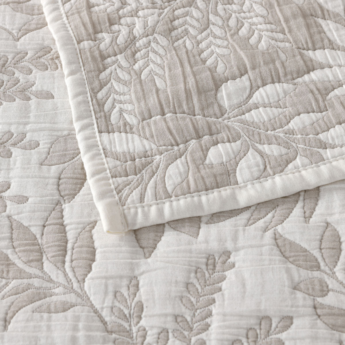 Bianca Amelia Quilted Bedspread Set | Stone Jacquard Foliage | Queen