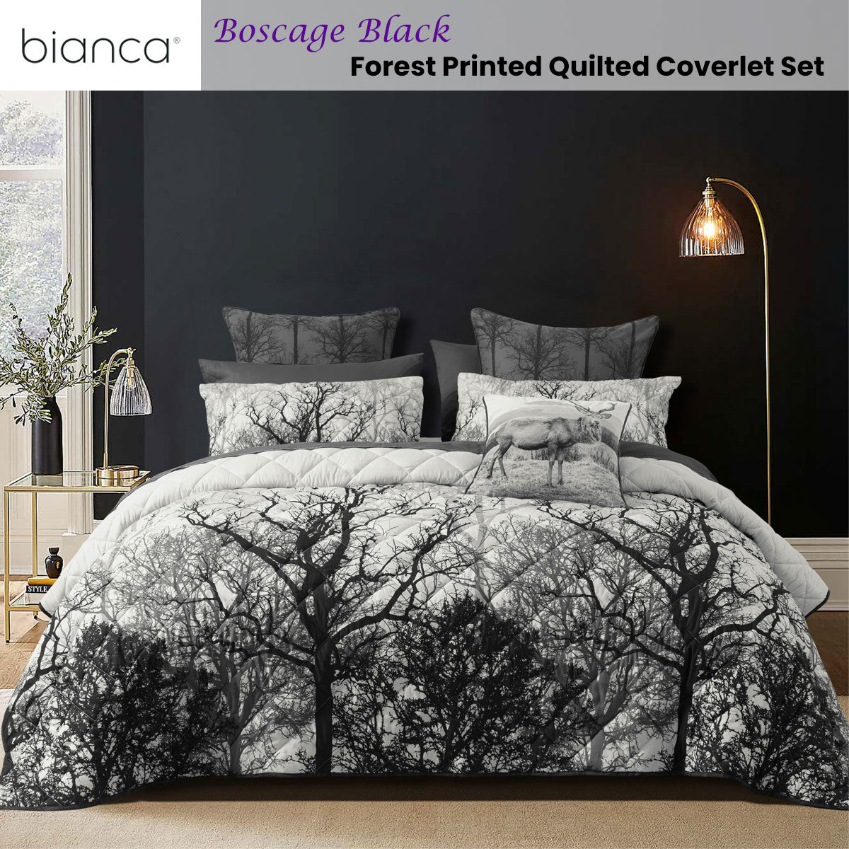 Bianca Boscage Quilted Coverlet Set | Black Forest Print | Polyester | Queen/King