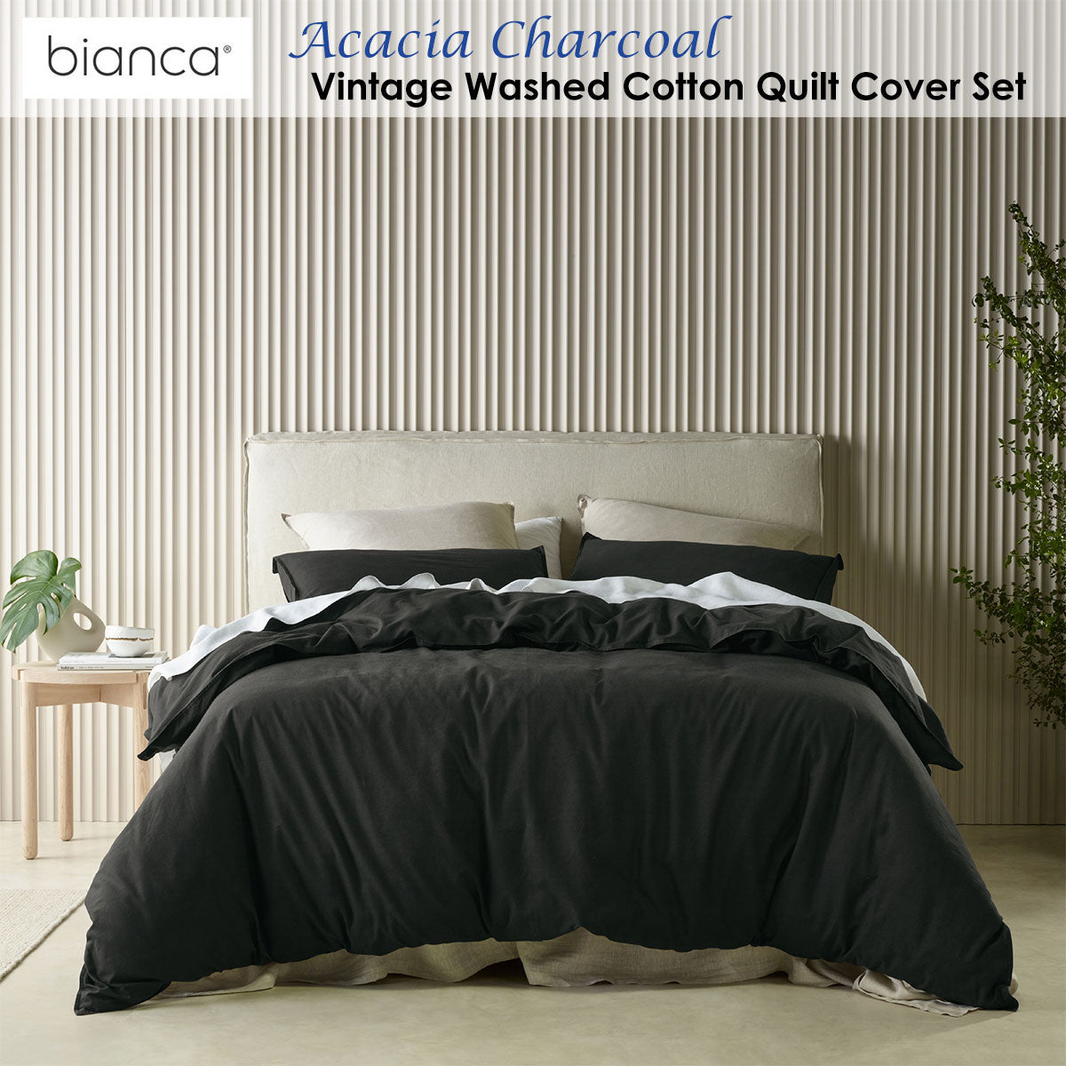 Bianca Acacia Charcoal Vintage Washed Cotton Quilt Cover Set | King