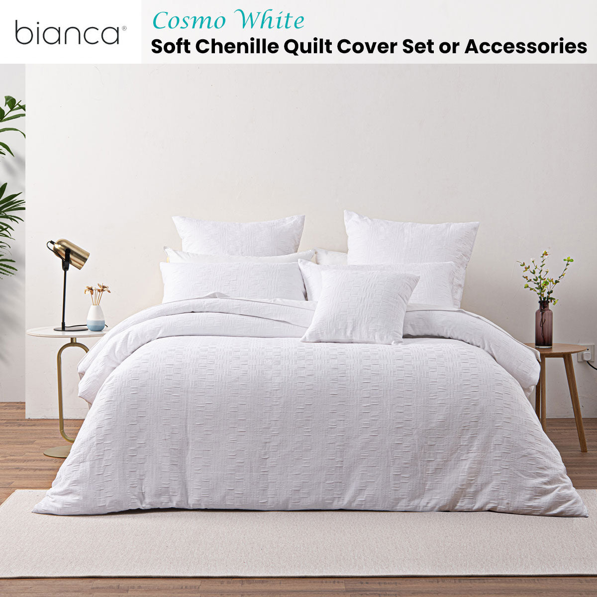 Bianca Cosmo White Soft Chenille Geometric Quilt Cover Set | Queen