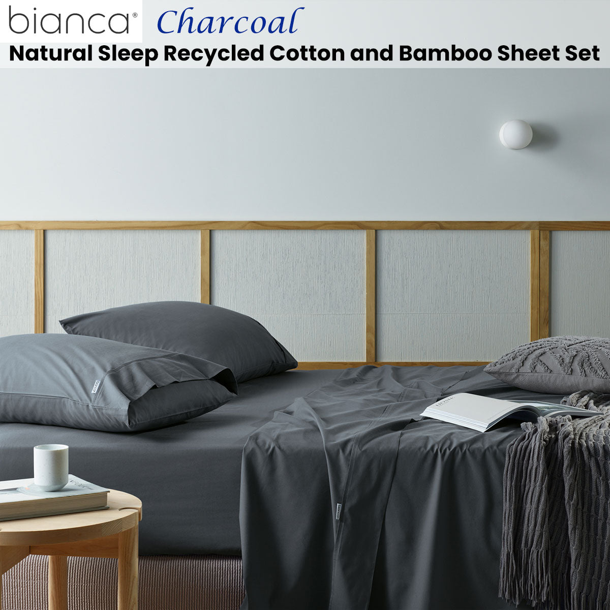 Bianca Natural Sleep | Recycled Cotton and Bamboo Sheet Set | Charcoal | Split King