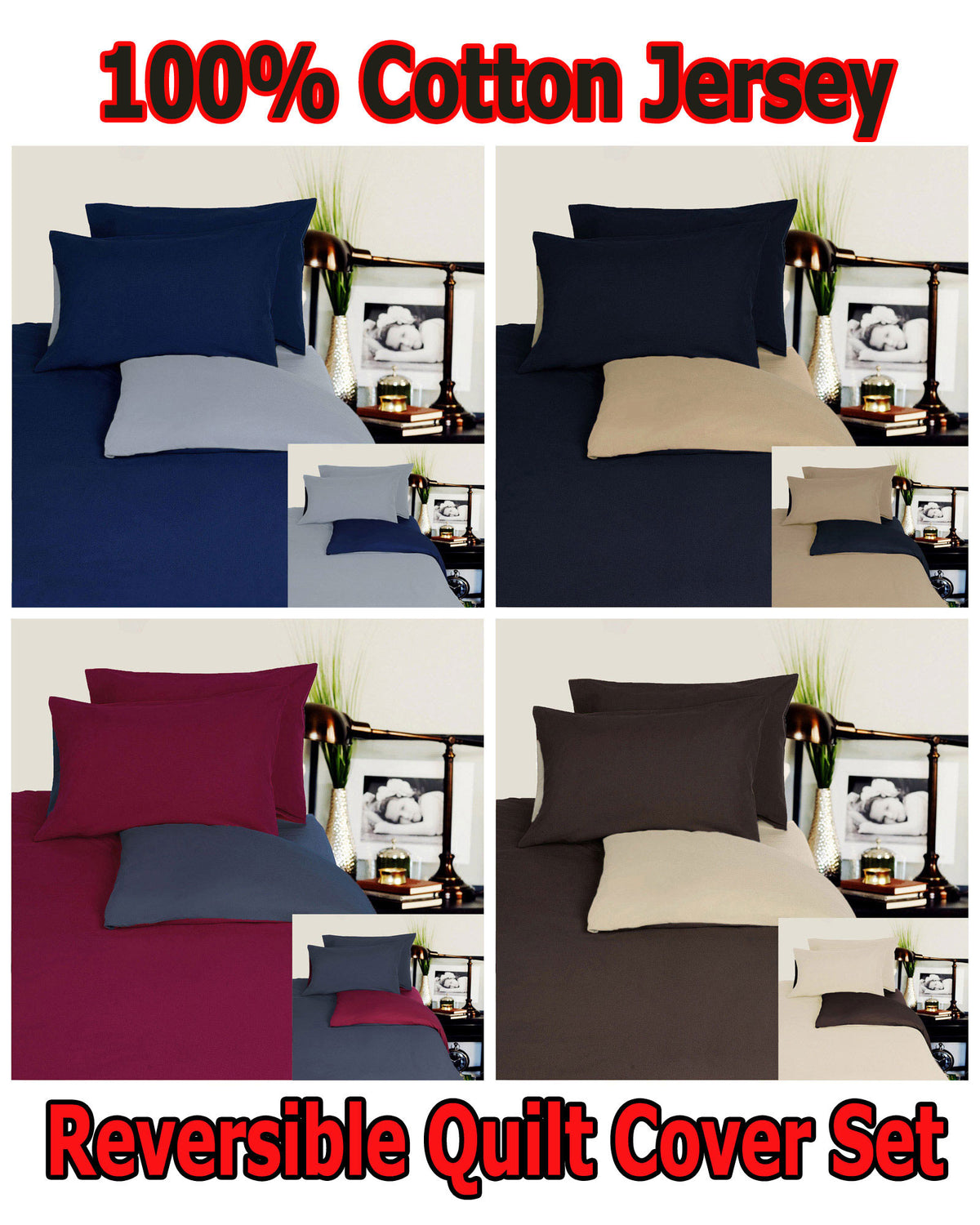 Hotel Living Reversible 100% Cotton Jersey Quilt Cover Set | Chocolate / Linen | Double