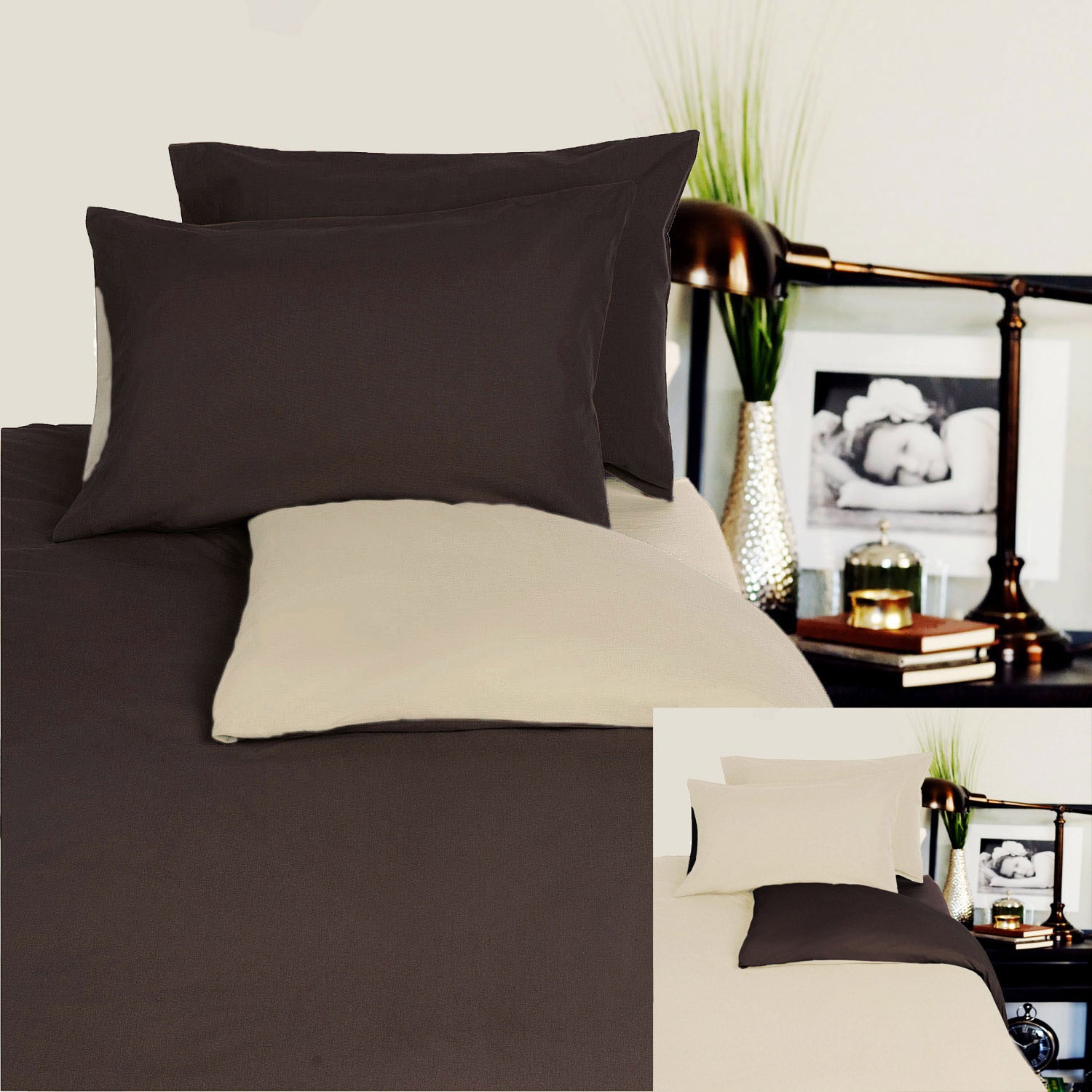 Hotel Living Reversible 100% Cotton Jersey Quilt Cover Set | Chocolate / Linen | Queen