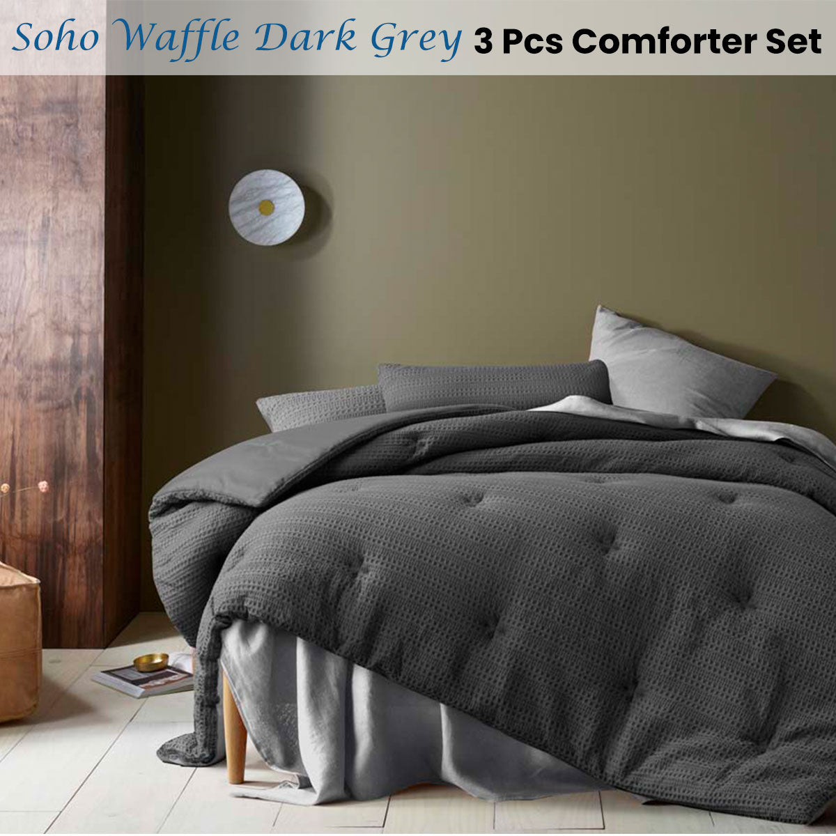 Accessorize Soho Waffle Dark Grey 3 Piece Comforter Set | King