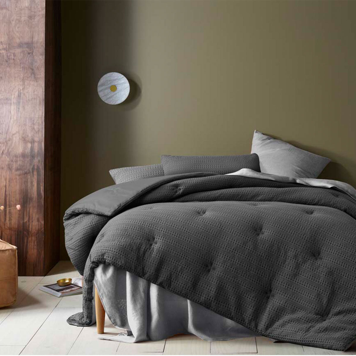 Accessorize Soho Waffle Dark Grey 3 Piece Comforter Set | Queen